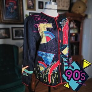 Vintage 90s Abstract Jacket Allure Boutique Black Art Print Women's
